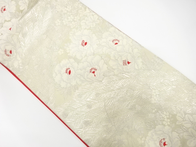 JAPANESE KIMONO / ANTIQUE FUKURO OBI / SILK / WOVEN PEONY & PEACOCK FEATHER